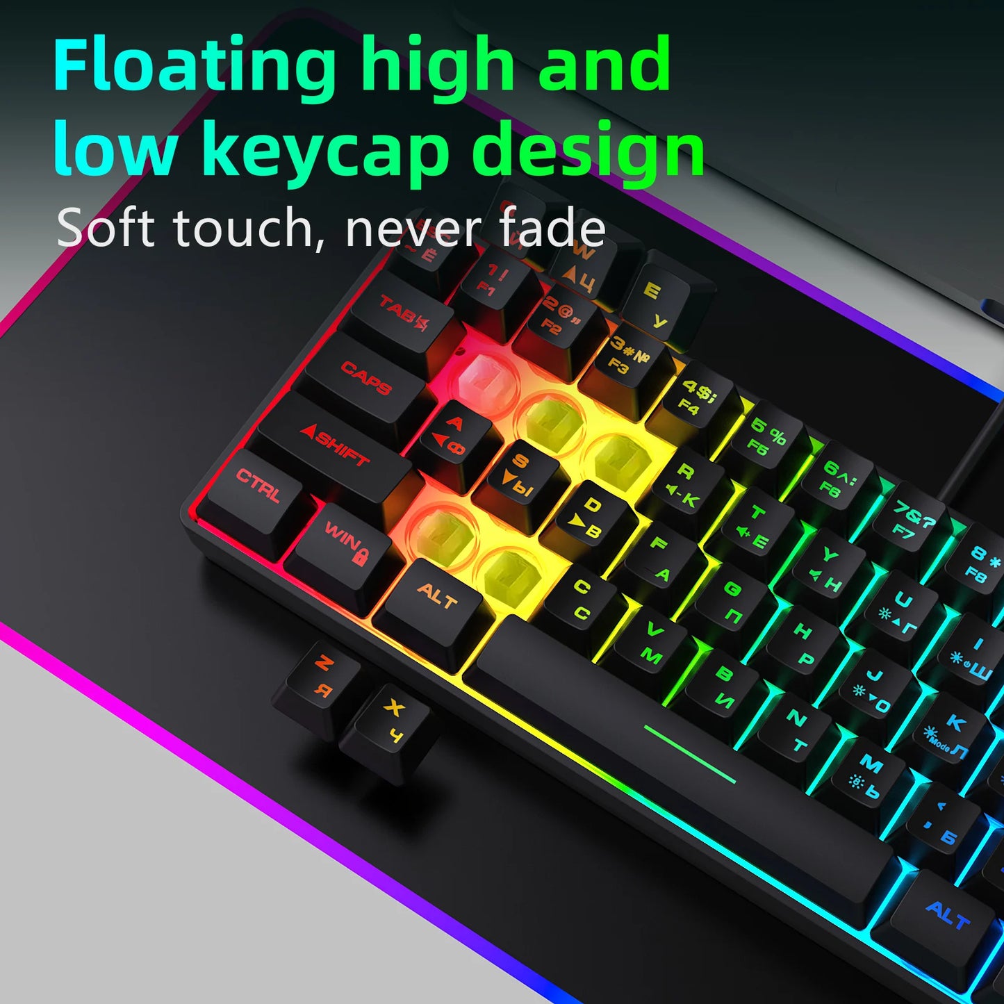 Teclado Gaming, Teclado Ultra-Compacto de 61 Teclas Russo/Inglês com Retroiluminação RGB, Teclado de Escritório Gaming Impermeável com Sensação Mecânica