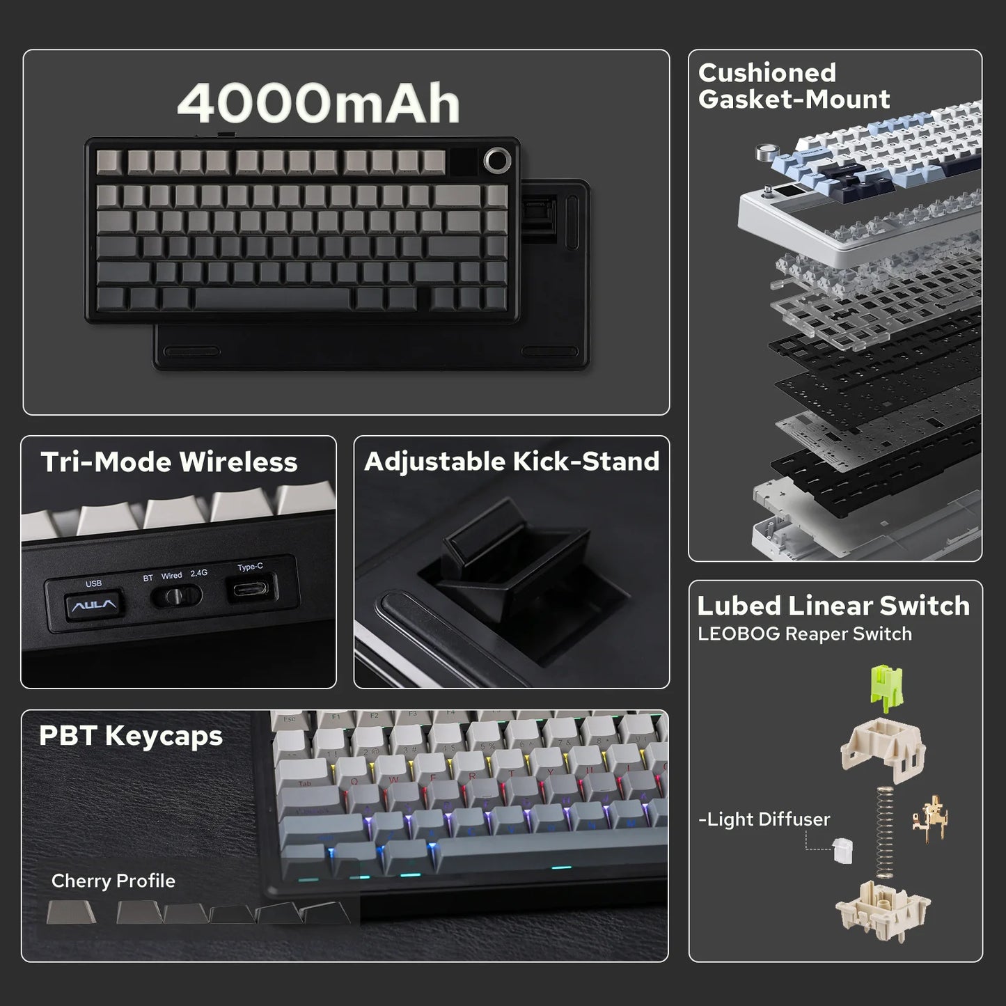 Teclado mecânico sem fios EPOMAKER X AULA F75 MAX Compact 75% ANSI Layout com ligação com fios/Bluetooth/2.4GHz, ecrã TFT e botão rotativo