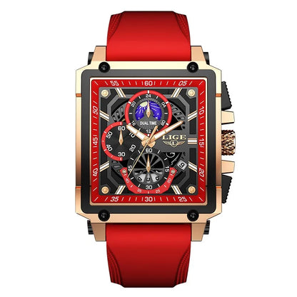 New LIGE Mens Watches Top Brand Luxury Hollow Square Sport Watch For Men Fashion Silicone Strap Waterproof Quartz WristWatch+Box