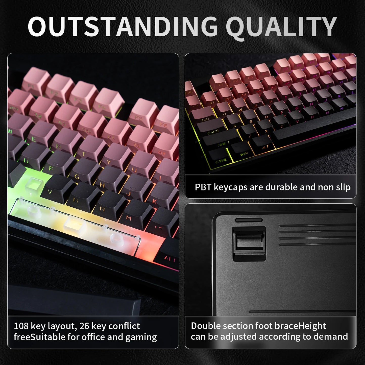 Teclado Bluetooth V108 Pro para escritório, baixo ruído, 2.4G, com e sem fios, layout completo, membrana com retroiluminação RGB