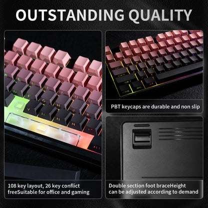 Teclado Bluetooth V108 Pro para escritório, baixo ruído, 2.4G, com e sem fios, layout completo, membrana com retroiluminação RGB