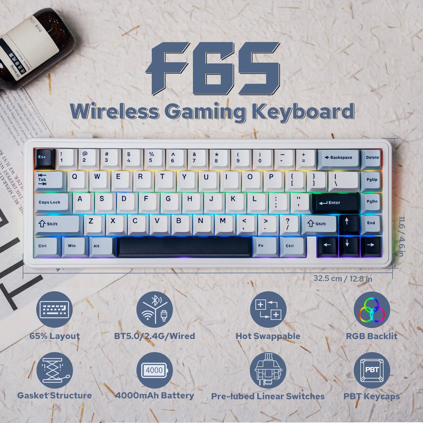 Teclado mecânico EPOMAKER x AULA F65 com layout 65%, hot-swap, montagem gasket e ligação com fios/Bluetooth/2.4G sem fios para Mac/Win