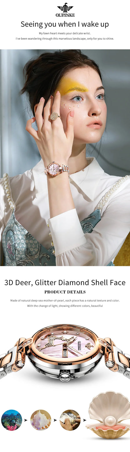 OUPINKE 3180 Watches For Woman Luxury Elegant Automatic Mechanical Watch Deer Dial Stainless Steel Week Date Watch Gift Box