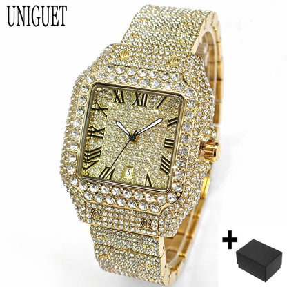 Hot UNIGUET Men's Square Watch Luxury Hip Hop Diamond Jewelry Waterproof Stainless Steel Quartz Wristwatch Fashion Man Accessory
