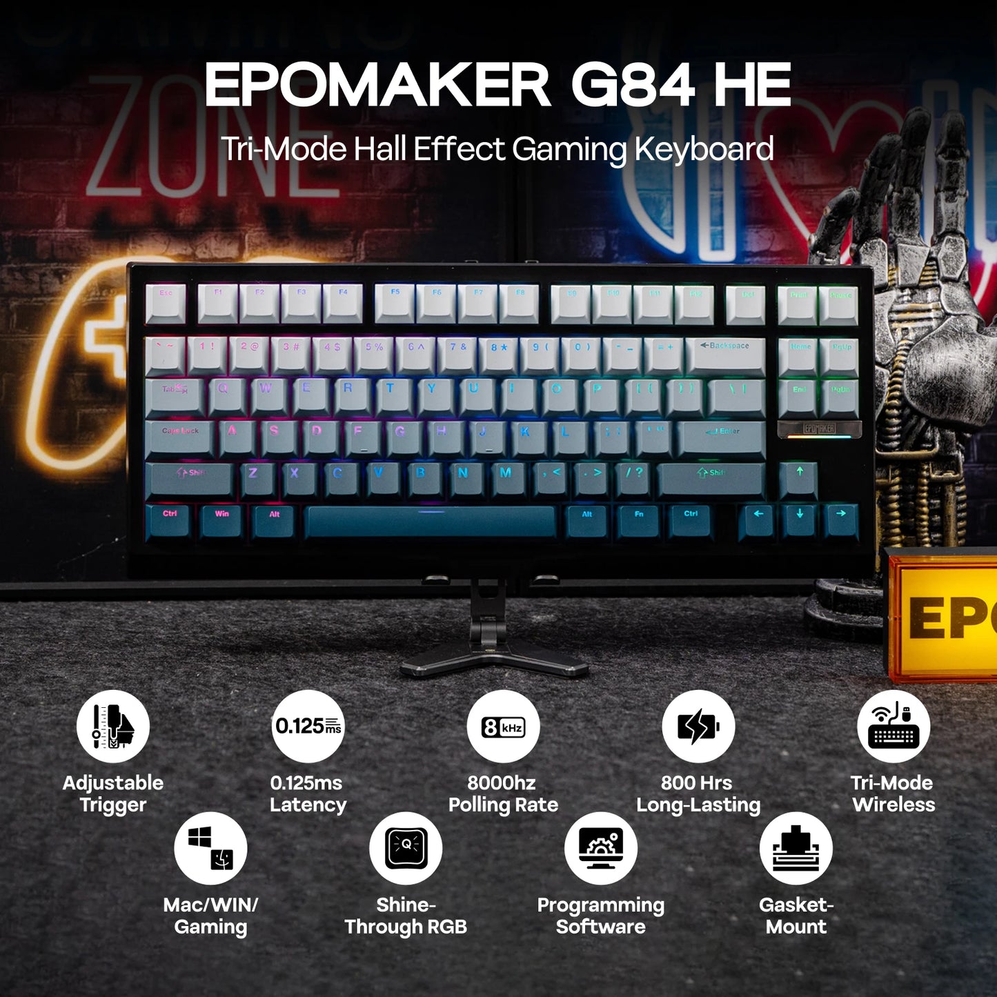 Teclado mecânico magnético EPOMAKER G84 HE 75% ANSI US Layout Gasket com fio/BT/2.4Ghz sem fios, efeito Hall, polling 8K e 8000mAh
