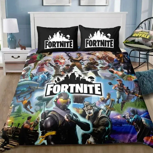 Komplet pościeli Fortnite 3-częściowy, z nadrukiem 3D, pościel do sypialni, gamingowy kreskówkowy zestaw dekoracyjny, poszwa na kołdrę i poszewka na poduszkę, prezent urodzinowy