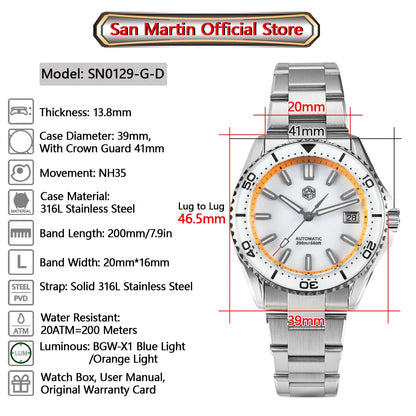 San Martin 2025 New Enamel Dial Full Luminous 39mm Dive Watch Luxury Men Watch NH35 Automatic Mechanical Waterproof 200m SN0129