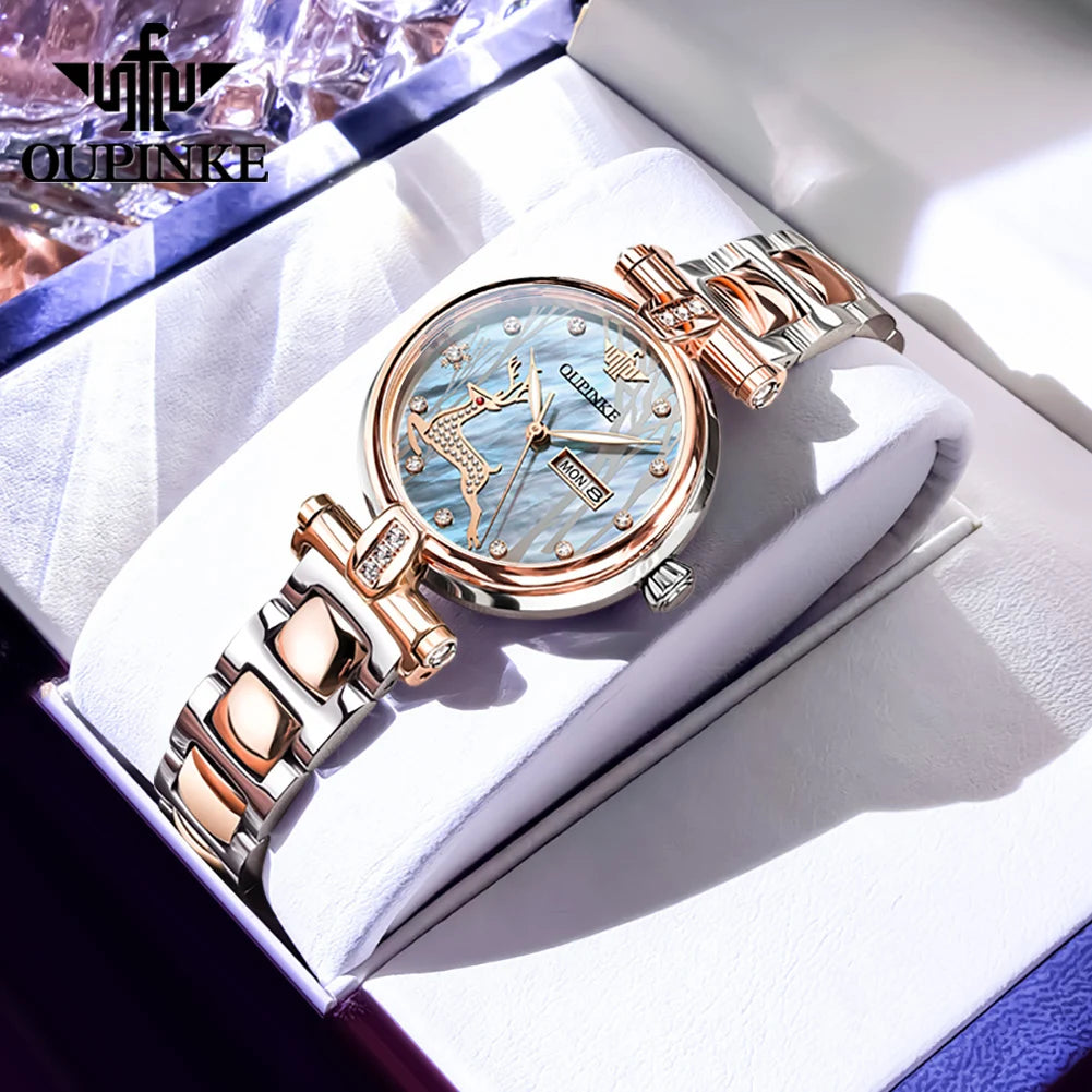 OUPINKE 3180 Watches For Woman Luxury Elegant Automatic Mechanical Watch Deer Dial Stainless Steel Week Date Watch Gift Box