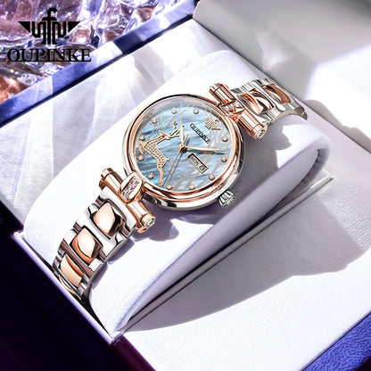 OUPINKE 3180 Watches For Woman Luxury Elegant Automatic Mechanical Watch Deer Dial Stainless Steel Week Date Watch Gift Box