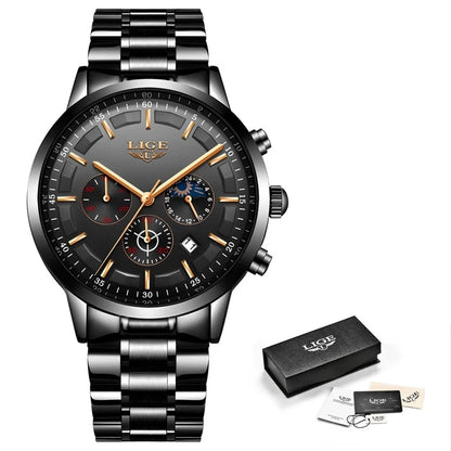 LIGE herenhorloge – Luxe quartz-chronograaf, waterdicht (3 bar), met lichtgevende wijzers – Cadeautip (inclusief doos)