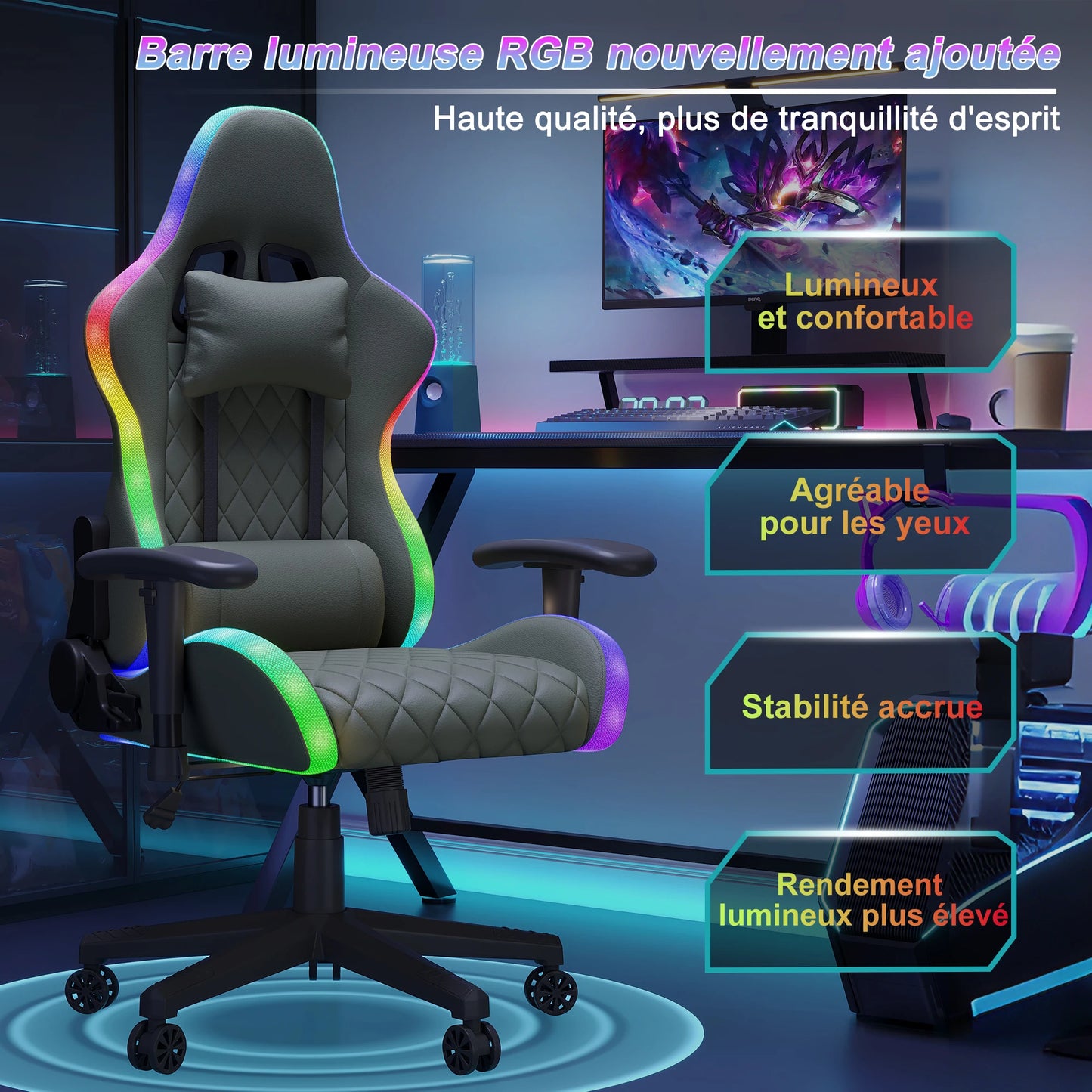 Gaming Chair with Massage Function, Adjustable backrest,Computer Chair,with ambient light,Lumbar Cushion, Pillow,150 KG