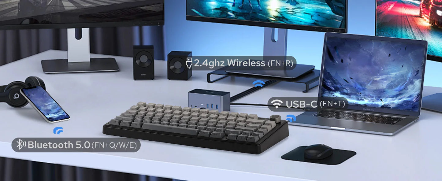 Teclado mecânico sem fios EPOMAKER X AULA F75 MAX Compact 75% ANSI Layout com ligação com fios/Bluetooth/2.4GHz, ecrã TFT e botão rotativo