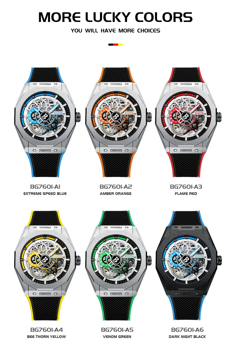 BONEST GATTI BG7601 Men's Automatic Mechanical Watch Sapphire Crystal Waterproof Luminous Rubber Strap Wristwatch