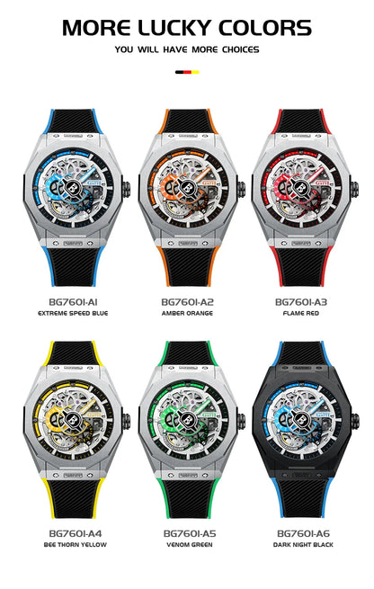 BONEST GATTI BG7601 Men's Automatic Mechanical Watch Sapphire Crystal Waterproof Luminous Rubber Strap Wristwatch