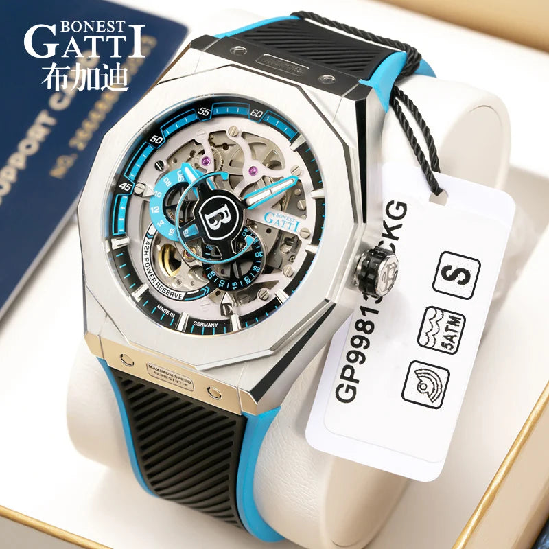 BONEST GATTI BG7601 Men's Automatic Mechanical Watch Sapphire Crystal Waterproof Luminous Rubber Strap Wristwatch