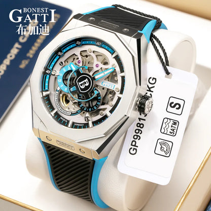 BONEST GATTI BG7601 Men's Automatic Mechanical Watch Sapphire Crystal Waterproof Luminous Rubber Strap Wristwatch