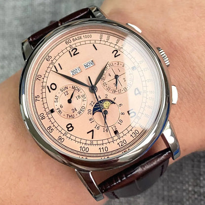 Orologio automatico da uomo Multification con data, giorno, mese e anno, orologio meccanico da uomo in 316L, cassa lucidata, indicatore giorno/notte, 42mm