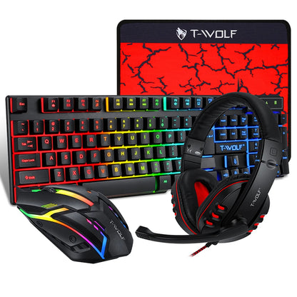 Conjunto Teclado e Rato Gaming 4 Peças Ergonómico, Teclado de 104 Teclas, Rato com Iluminação Respirante de 4 Cores, Auscultadores e Tapete de Rato Antiderrapante