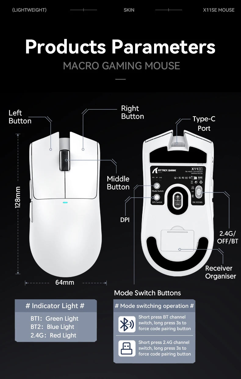 ATTACK SHARK X11SE Wireless Gaming Mouse, Tri-Mode Superlight Mouse with PAW3311 Sensor, 22000 DPI, 63g Ultra-Light RGB Gaming Mouse for PC, Laptop & Esports