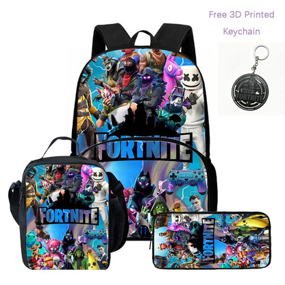 Zaino FORTNITE leggero 3 pezzi con tasca frontale, borsa pranzo, astuccio e portachiavi 3D stampato gratuito per bambini e bambine dai 5 ai 10 anni