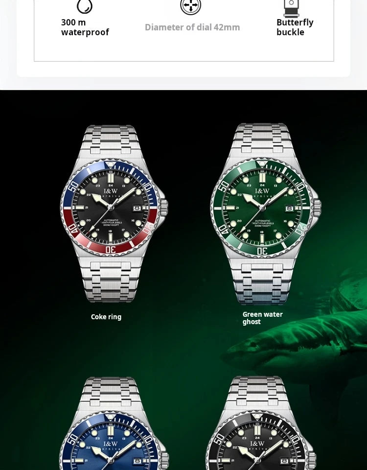 IW Luxury Brand Automatic Mechanical Sports Diving Watch Red Blue Bezel Steel Sapphire Luxury Men's Watches 300M Waterproof