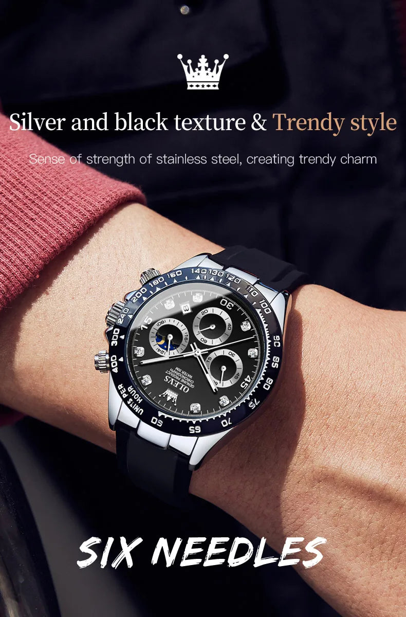 OLEVS 2875 Quartz Watch for Men Original Luxury Brand Silicone Strap Chronograph Auto Date Waterproof Moon Phase Sport Man Watch