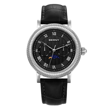 BERNY Watches for Men Luxury Dress Brand Business Gold Quartz Real Moons Man Watch S/S Sapphire Calendar Moon Phase Wristwatch