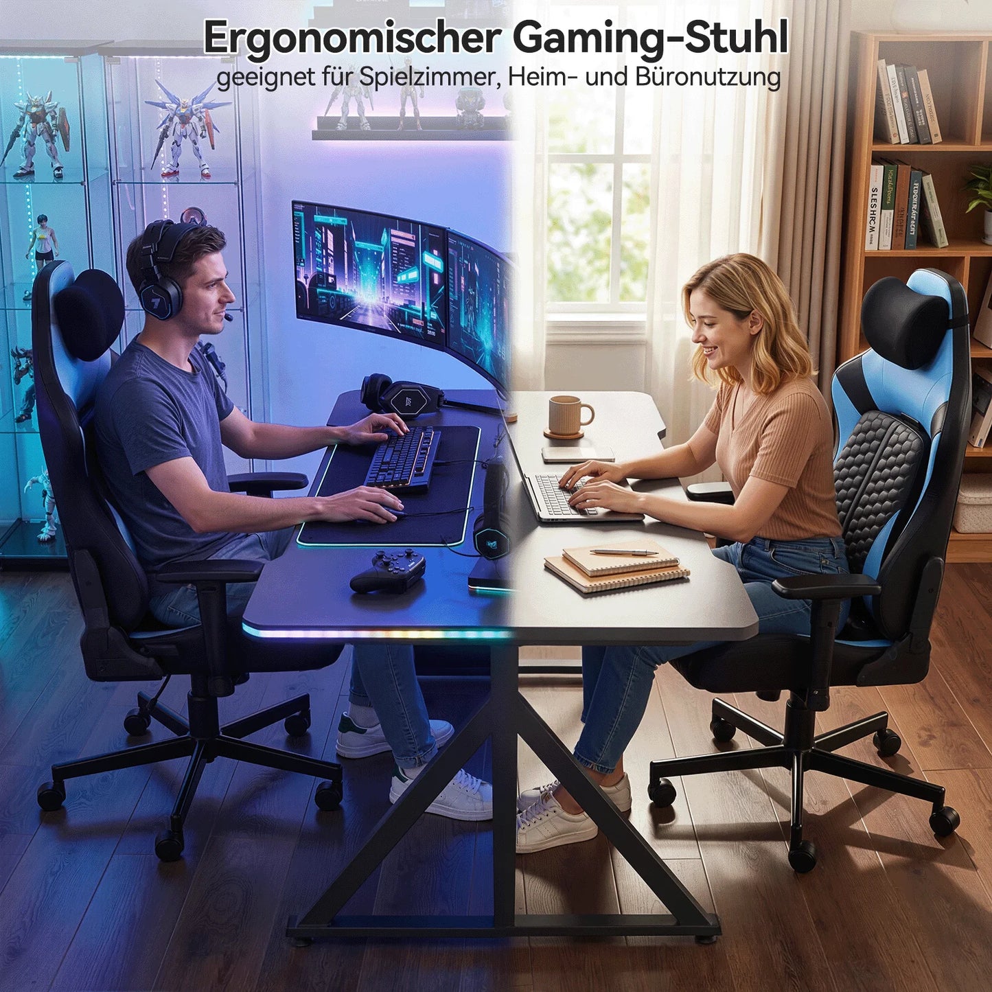Devoko Gaming Chair Ergonomic Office Chair with Adjustable Lumbar Support, Thick Cushion, Wide Seat, Reclining Swivel Desk Chair for Gaming & Work