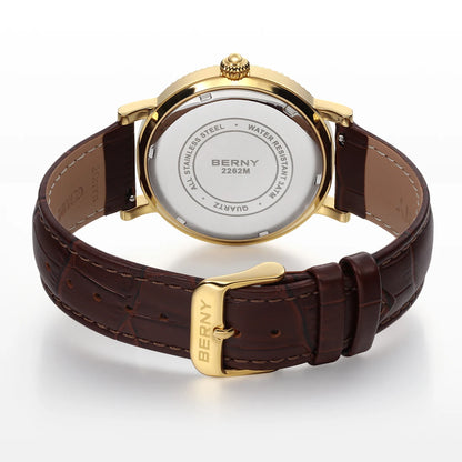 BERNY Watches for Men Luxury Dress Brand Business Gold Quartz Real Moons Man Watch S/S Sapphire Calendar Moon Phase Wristwatch