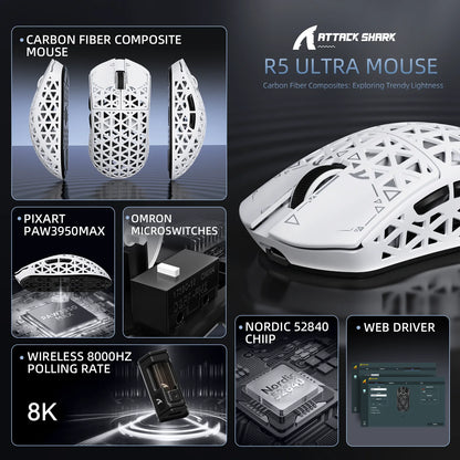 ATTACK SHARK R5 Ultra bežični gaming miš od karbonskih vlakana, gaming senzor PixArt PAW3950MAX, 42000DPI, 8000Hz, MCU Nordic 52840