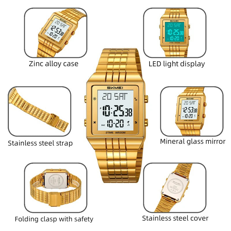 Skmei Luxury Digital Watches for Mens LED Waterproof Date Week Display Chronograph Fashion Dual Time Zones Bracelet Steel Watch