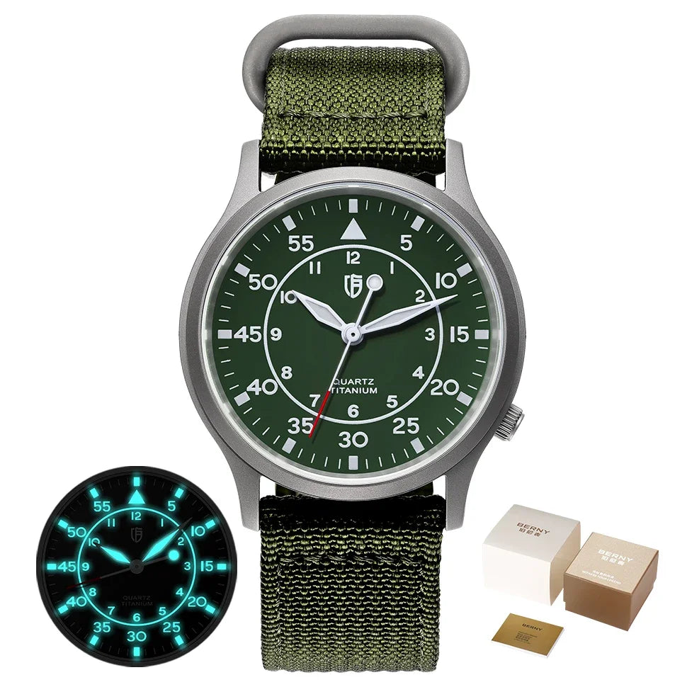 BERNY Titanium Watch For Men AR Coating Sapphire Fashion Wristwatch Luminous VH31 Ultra-thin Quartz Watch Waterproof 5ATM Watch