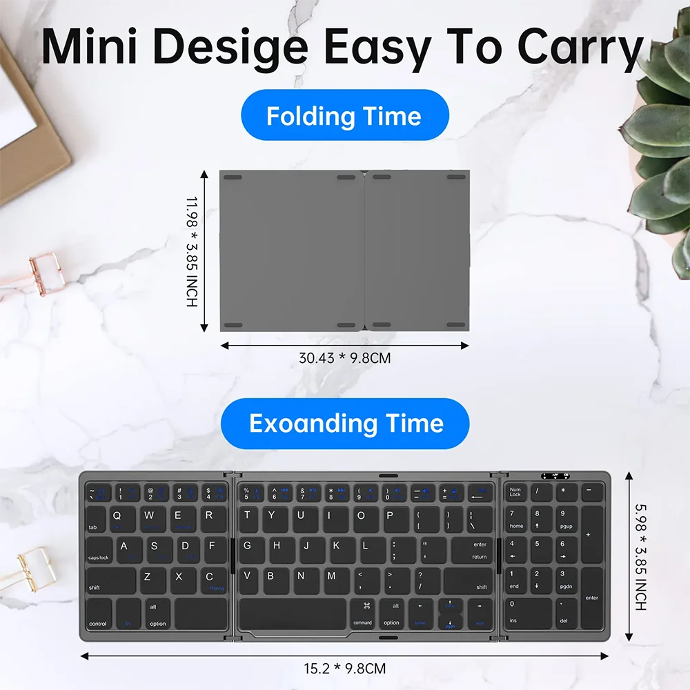 Teclado Bluetooth sem fios dobrável e recarregável para iPad, telemóvel, tablet, notebook e escritório — mini teclado sem fios
