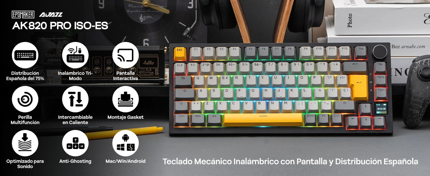 Teclado mecânico ISO-ES EPOMAKER X AJAZZ AK820 PRO 75% com layout espanhol, com fios/2.4GHz/BT, ecrã e botão rotativo para PC/Mac