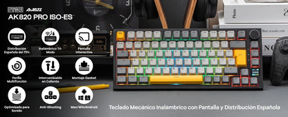 Teclado mecânico ISO-ES EPOMAKER X AJAZZ AK820 PRO 75% com layout espanhol, com fios/2.4GHz/BT, ecrã e botão rotativo para PC/Mac