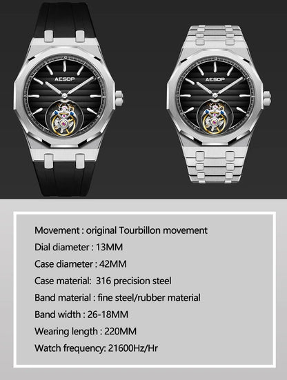 Raymondoya Men's Flying Tourbillon Movement Mechanical Automatic Luxury Watches Wristwatches Skeleton Watch Brand For Men Sapphire