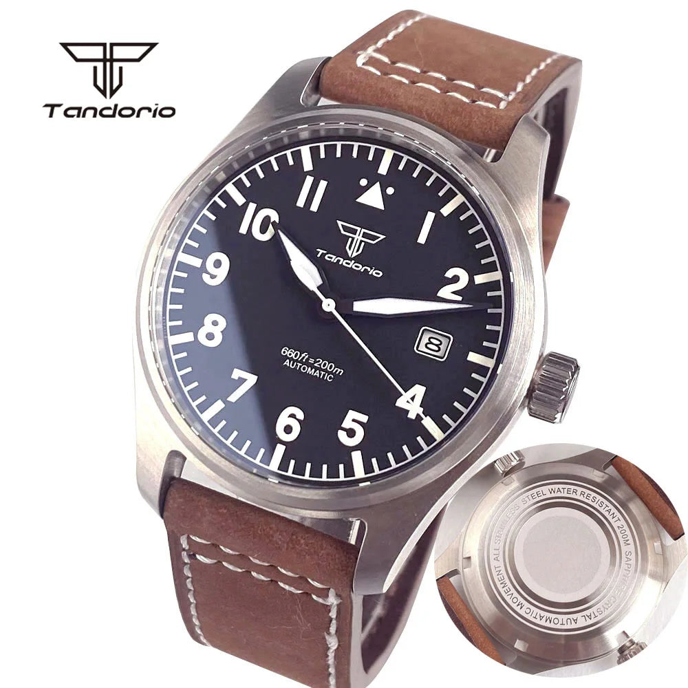 Tandorio 39mm Pilot Men's Diving Automatic Watch AR Sapphire Miyota8215/PT5000 Movt Mechanical Steel Wristwatch 20BAR Green Lume