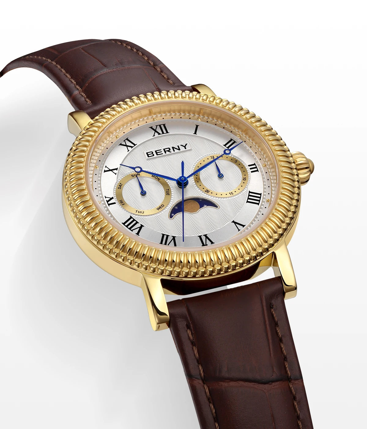 BERNY Watches for Men Luxury Dress Brand Business Gold Quartz Real Moons Man Watch S/S Sapphire Calendar Moon Phase Wristwatch