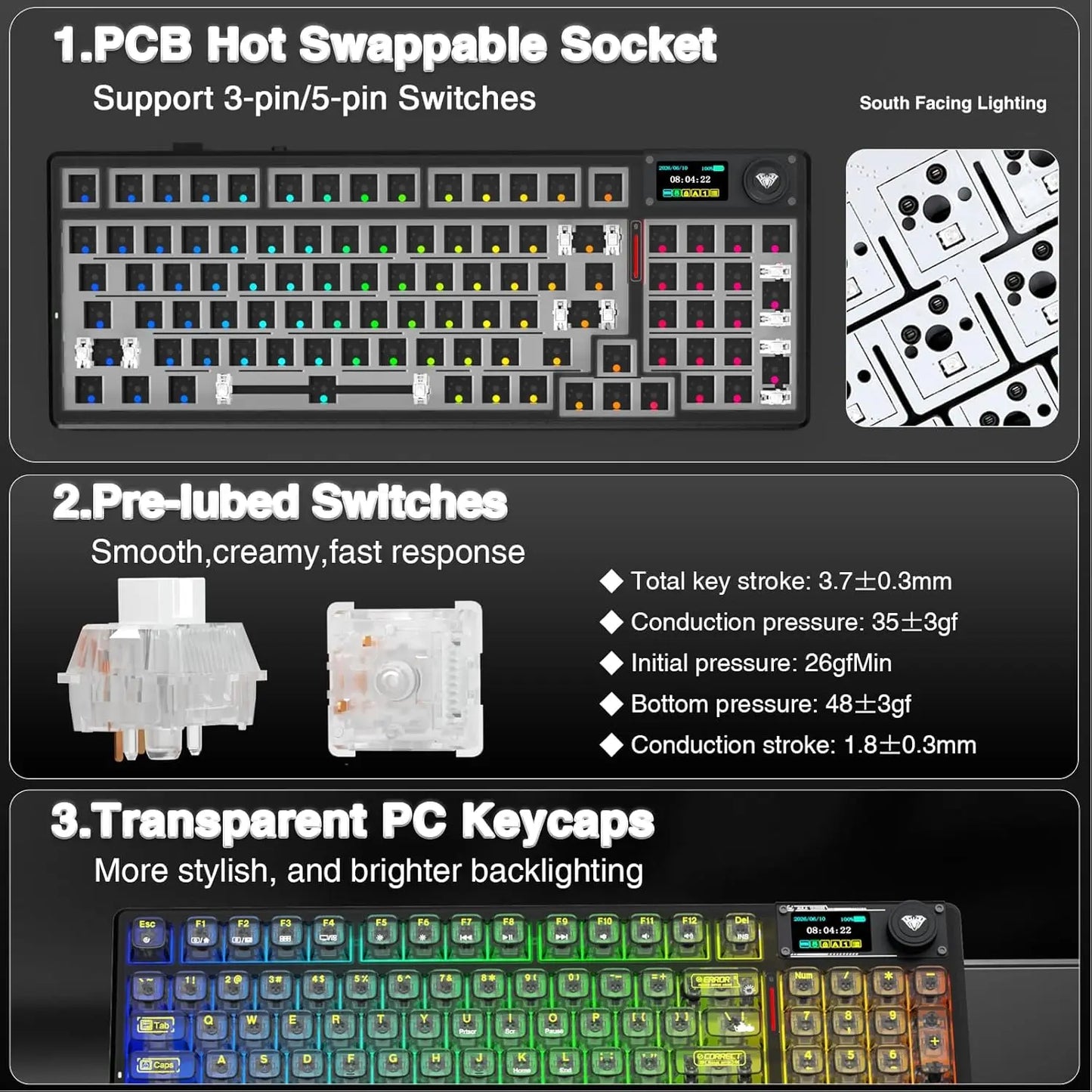 AULA F98Pro V3 Mechanical Keyboard W/ Rotate Button RGB Backlight Screen Tri-Modes Game E-sports Special Carved 95 Keycaps