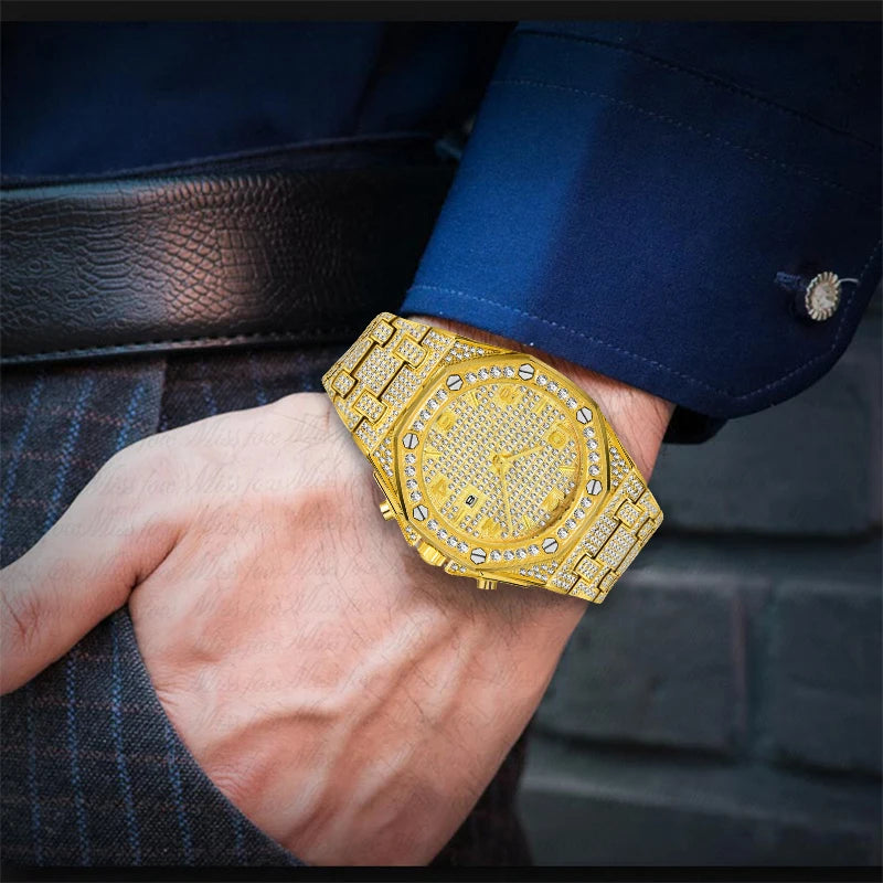 Gold Watches For Men Full Iced Diamond Men's Quartz Watch Luxury Fashion Calendar Wristwatch Dropshipping