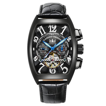 CASENO Top Luxury Brand Men's Fully Automatic Mechanical Tourbillon Watch Calendar Night Glow Tonneau Skeleton Watch -577G