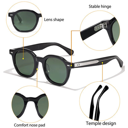 HBK Vintage Simple Round Men Sunglasses Small Frame High-Quality Acetate Frame Sun Glasses Women Party Travel Outdoor Glasses