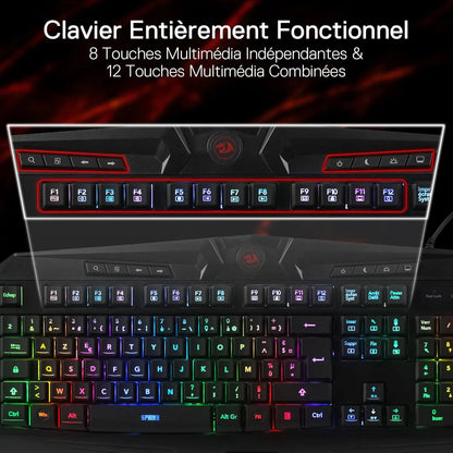 Redragon K503 AZERTY Wired Gaming Keyboard, RGB LED Backlight, Multimedia Keys, Silent Membrane Keyboard with Wrist Rest