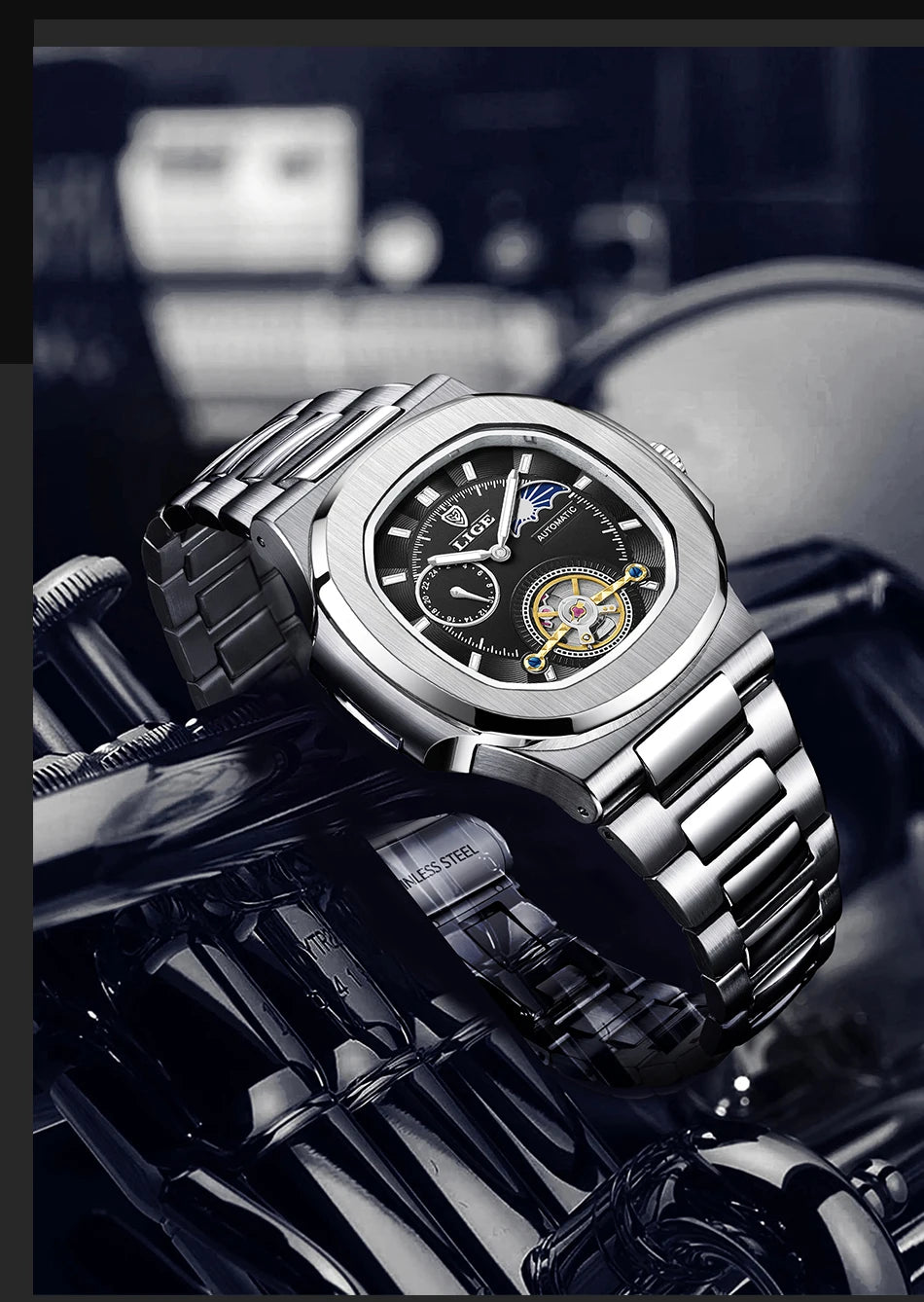 LIGE Watch For Man Luxury Business Waterproof Luminous Mechanical Watches Fashion Moon Phase Automatic Movement Men's Watches
