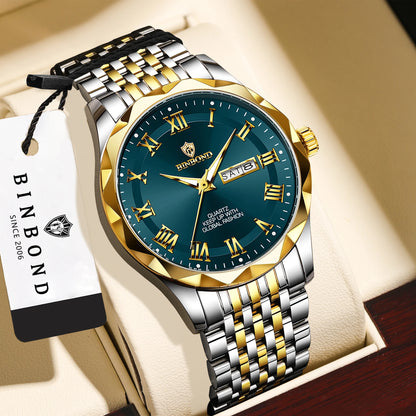 Reloj de pulsera de lujo de cuarzo BINBOND Original Brand para hombre, luminiscente, resistente al agua, con fecha automática, indicación del día de la semana y estilo informal.