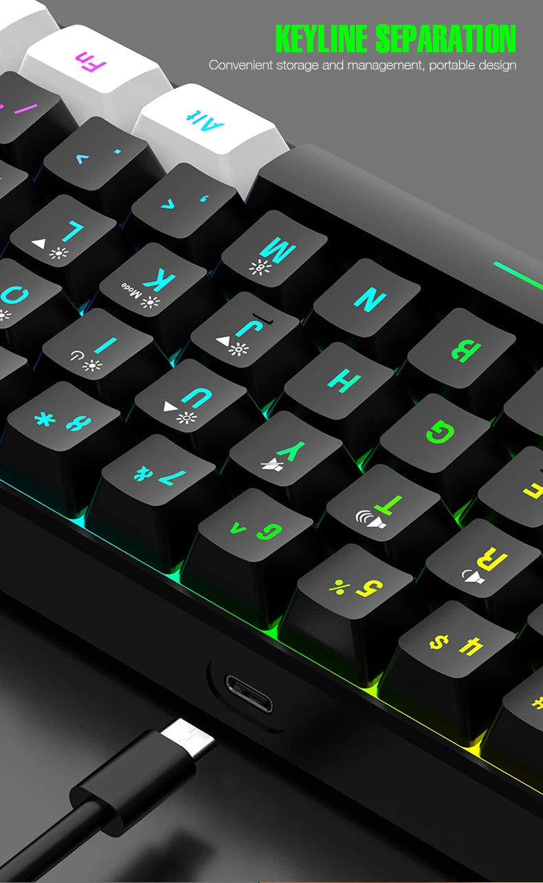 Teclado mecânico com fios de 61 teclas, branco, com switch preto e azul, à prova de água, iluminação RGB, kit para gaming e escritório, PUBG, retroiluminado