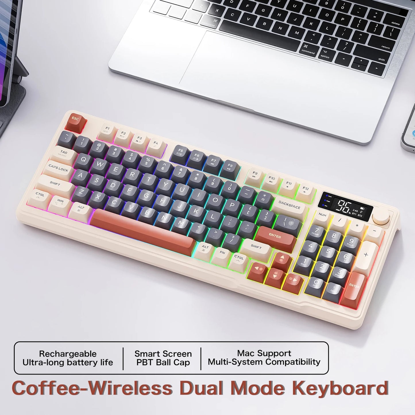 Teclado Bluetooth Sem Fios M96 FREEWOLF com Ecrã Gaming, Ecrã Eletrónico, Ligação a Vários Dispositivos, Ergonomia Gaming