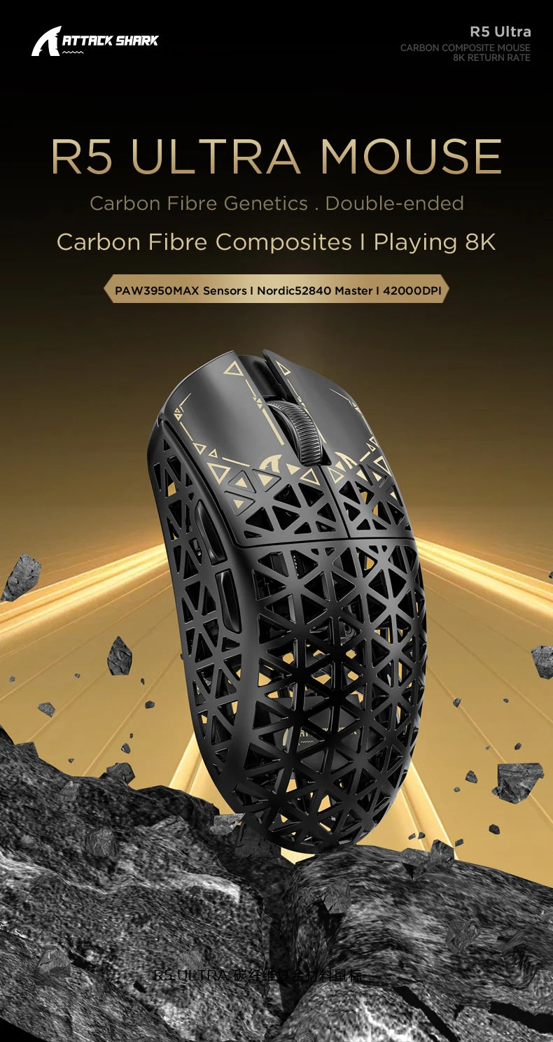 ATTACK SHARK R5 Ultra bežični gaming miš od karbonskih vlakana, gaming senzor PixArt PAW3950MAX, 42000DPI, 8000Hz, MCU Nordic 52840