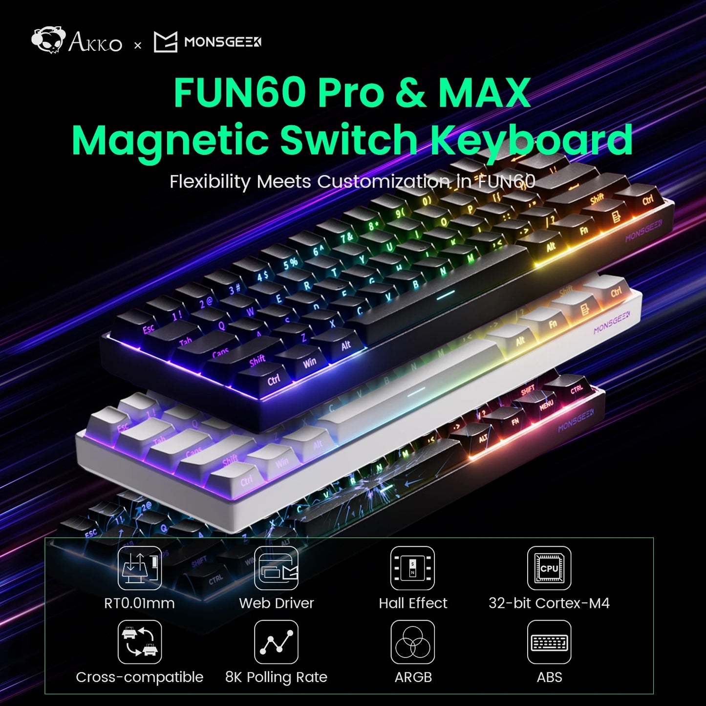 MONSGEEK FUN60 PRO&MAX HE Teclado mecânico 60% sem fios para gaming com switches magnéticos, Rapid Trigger 8K, ARGB e personalização