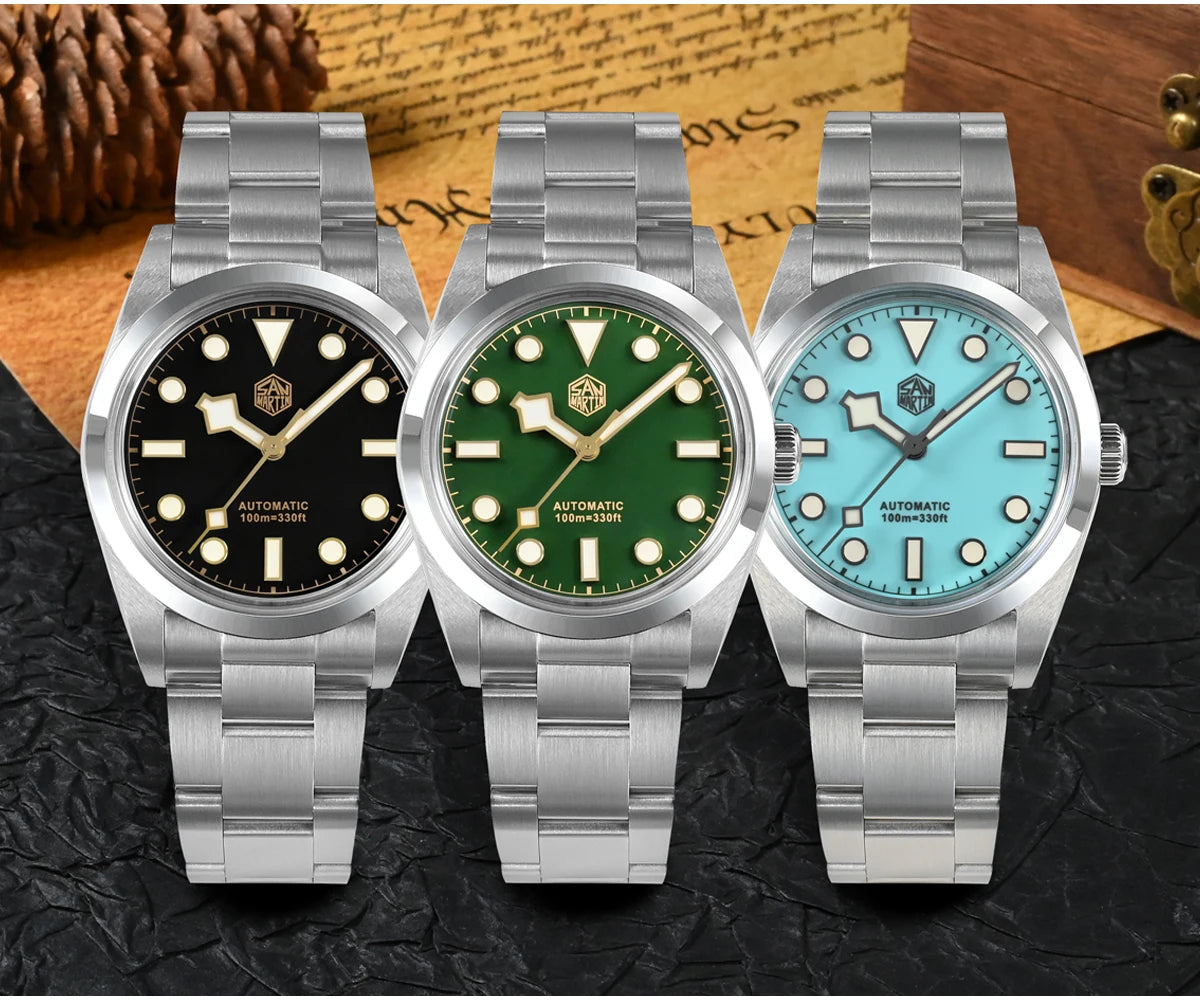 San Martin Men Luxury Watch 36mm BB36 Snowflake Hands Explore Series Sports Watches PT5000 Automatic Mechanical 10Bar BGW-9 Lume